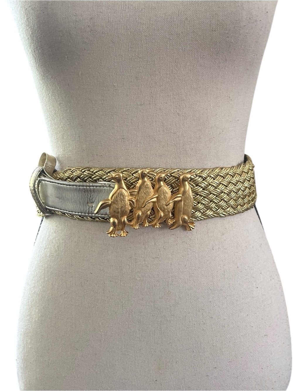 Vintage Gold Braided Belt with Gold Colored Penguin Buckle Whimsical Quirky